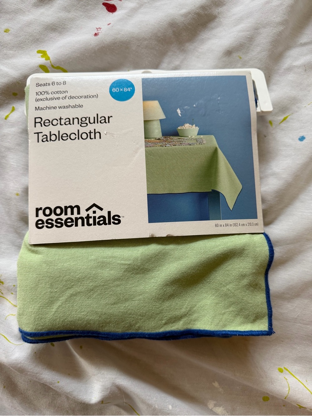 Room Essentials light green rectangular tablecloth with blue trim
